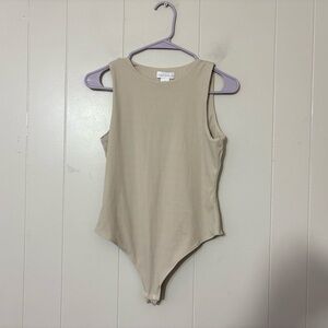 House of Harlow 1960 Beige Ribbed Thong Bodysuit Sleeveless Neutral Size S